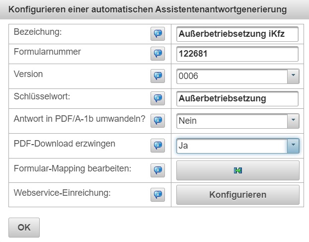 Konfiguration Außerbetriebsetzung Assistentenantwortgenerierung