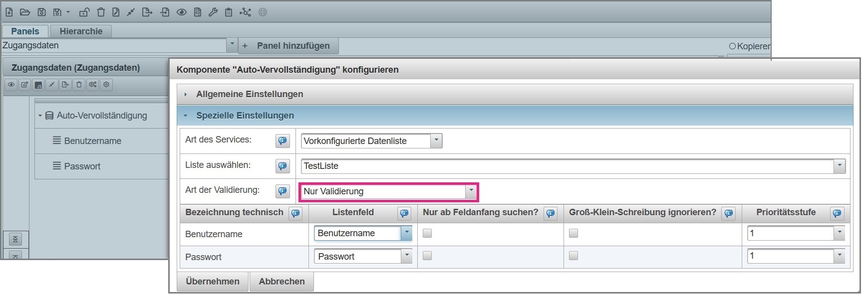 Konfiguration einer Liste für die Abfrage von Zugangsdaten