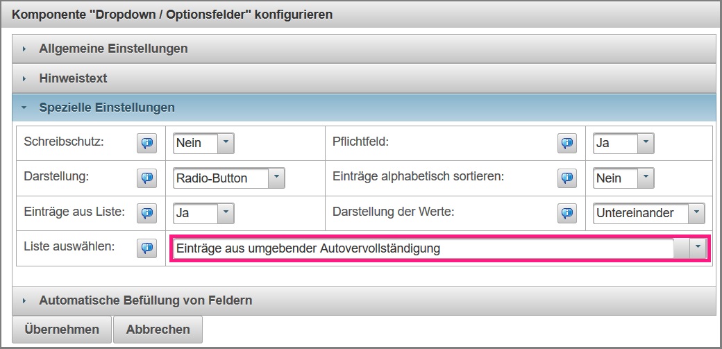 Konfiguration der Dropdownkomponente in einer Autovervollständigung