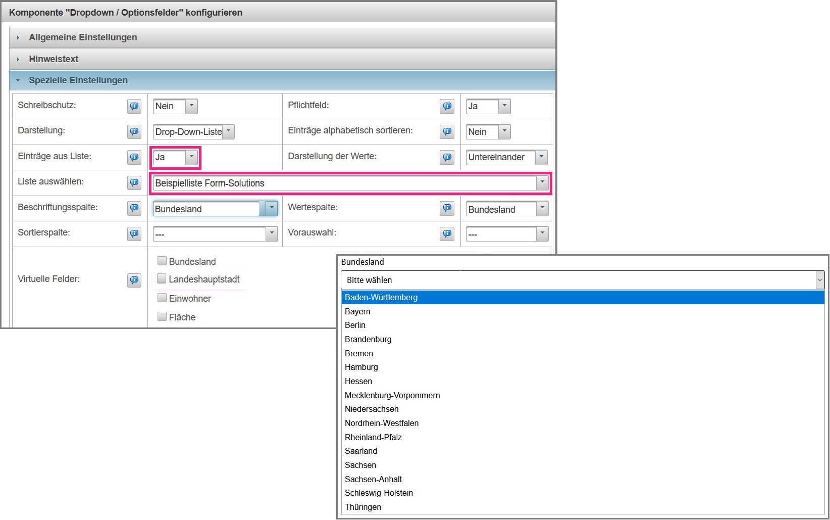 Konfiguration der Dropdownkomponente