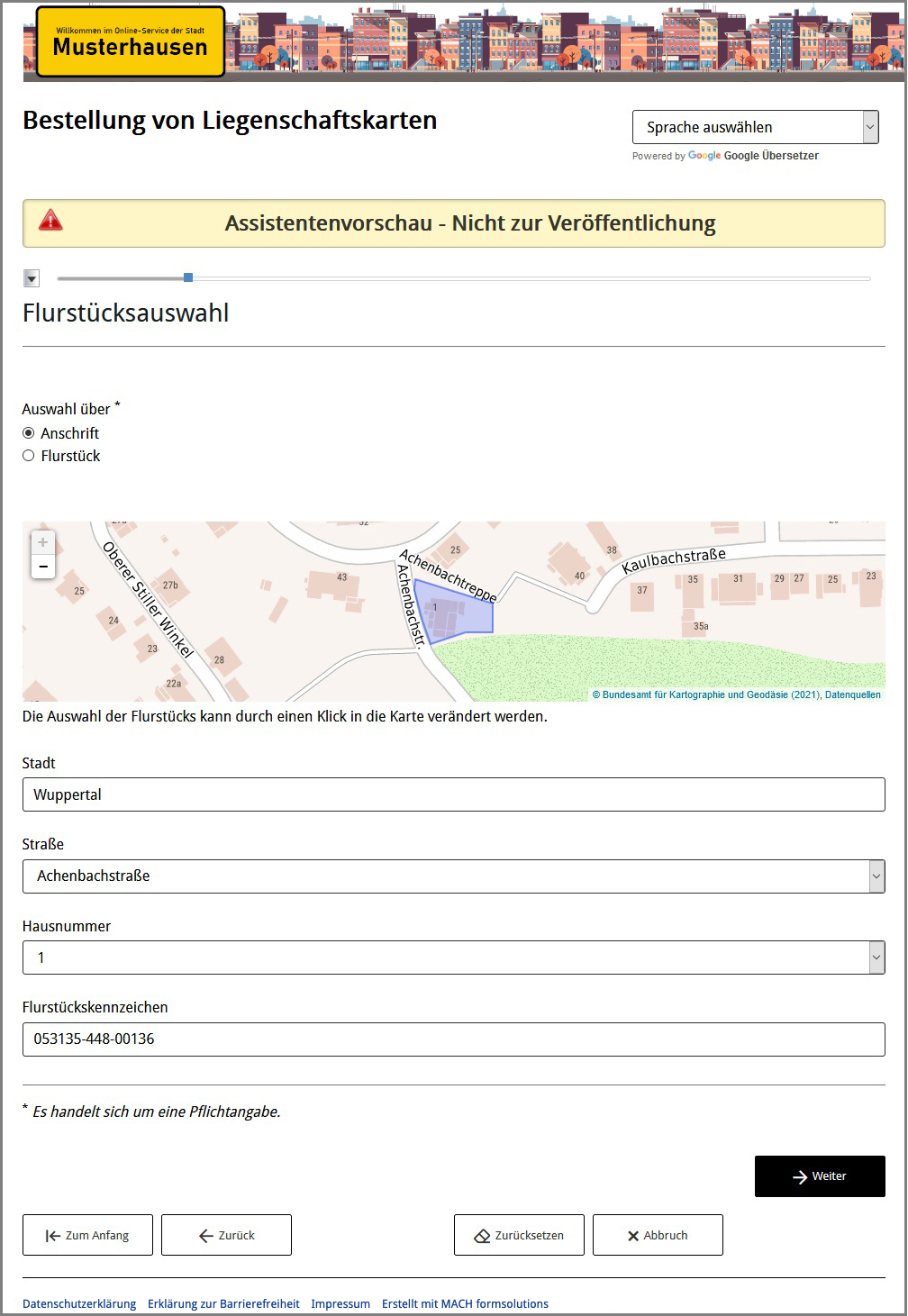 Ansicht einer Flurstückskarte im Assistent