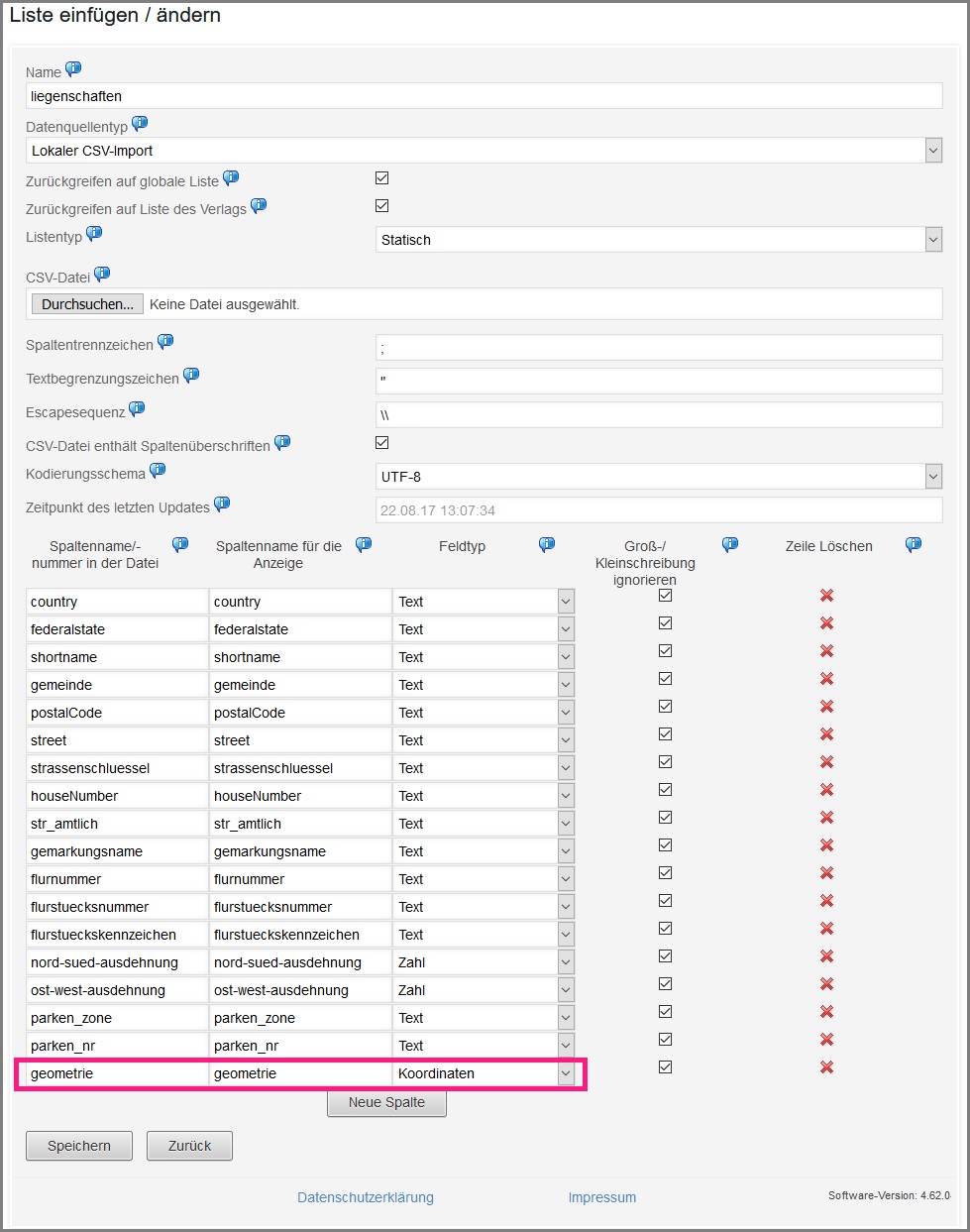 Upload der Liste in der Listenverwaltung