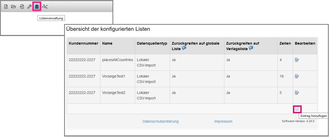 Übersicht der Listenverwaltung