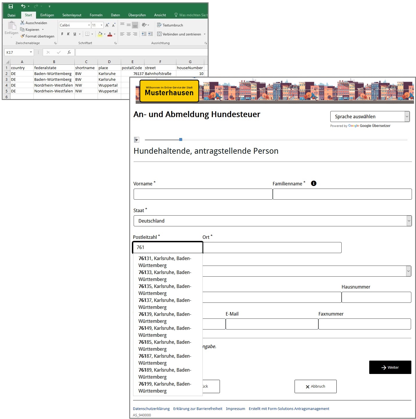 Beispiel: Listenansicht in Excel und als Autovervollständigung im Assistenten