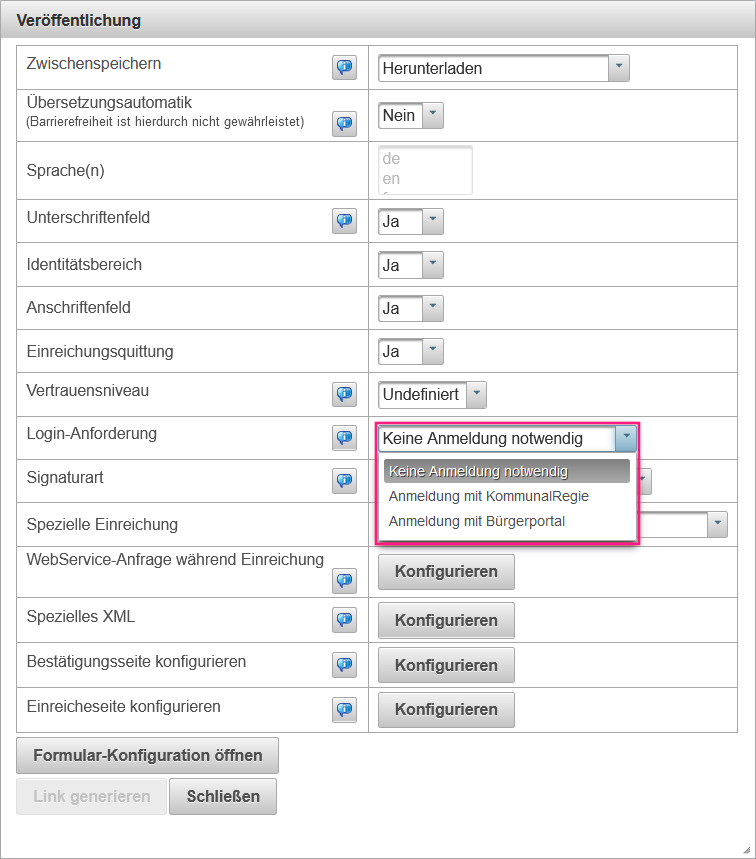 Ansicht in der Veröffentlichungsmaske in der die Login-Anforderung ausgewählt werden kann
