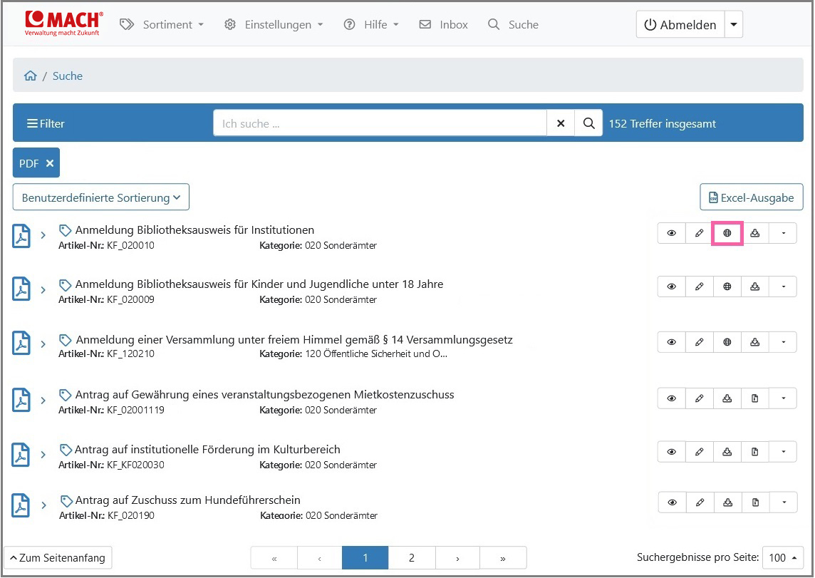 Ansicht der Schaltfläche Veröffentlichung in der Trefferliste