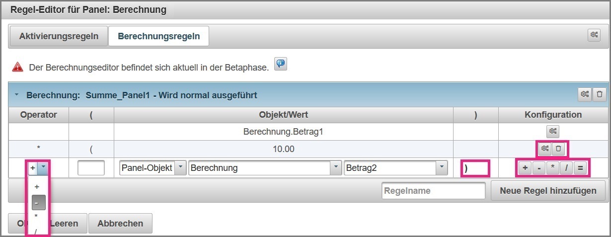 Weitere Funktionen im Konfigurationsbereich