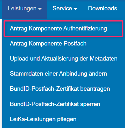 Menüpunkt "Antrag Komponente Authentifizierung"