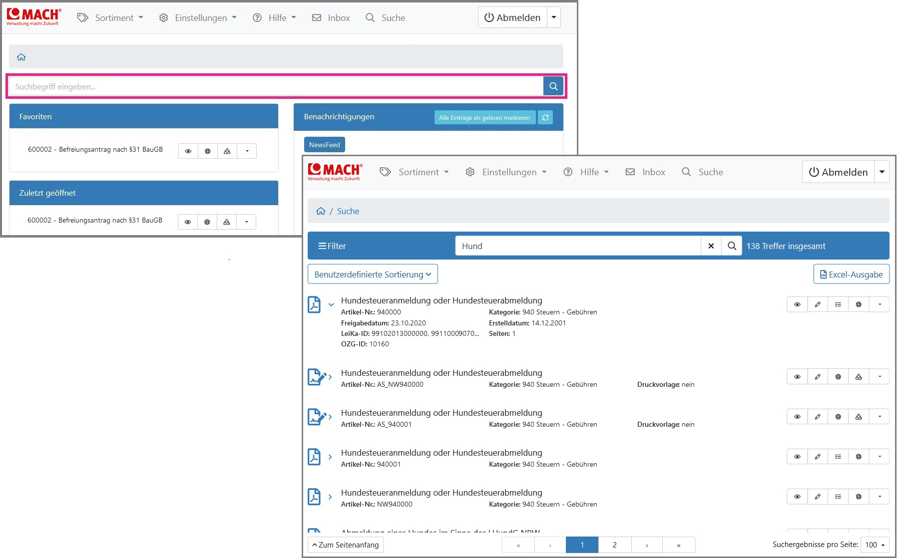 Dashboard mit Suchleiste / Suchseite mit Trefferliste