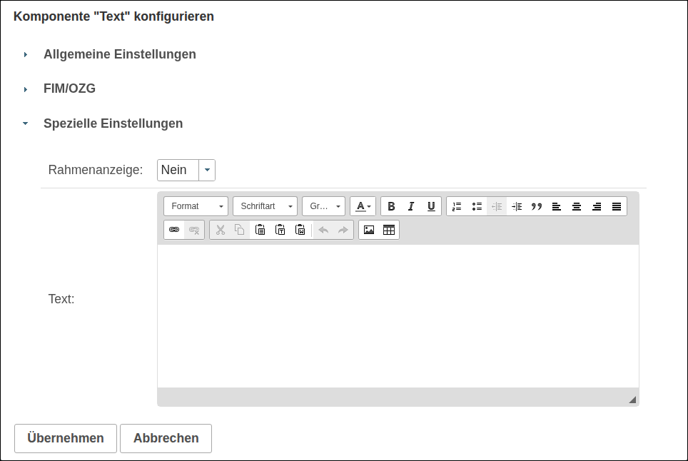 Dialog Konfiguration Komponente Text