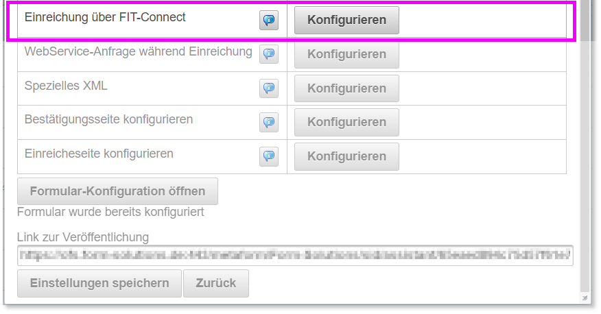 FIT-Connect Konfigurationsdialog der Veröffentlichung